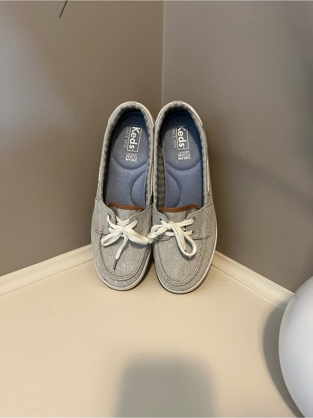 Women’s ‘Keds’ Light Grey Canvas Slip-On Boat Shoes with White Laces